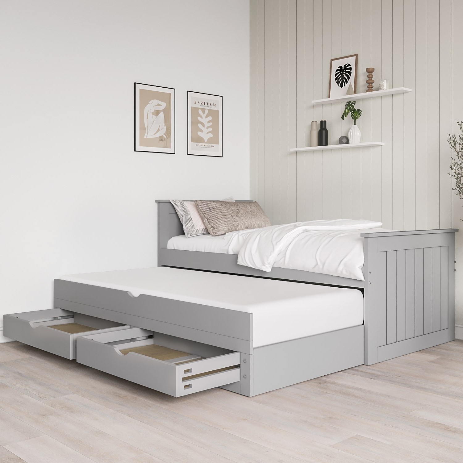 Read more about Single grey wooden trundle bed with storage sander